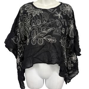 Chicos Embroidered Black Ivory Chiffon Dolman Sleeve Top Sheer Blouse sz M / L